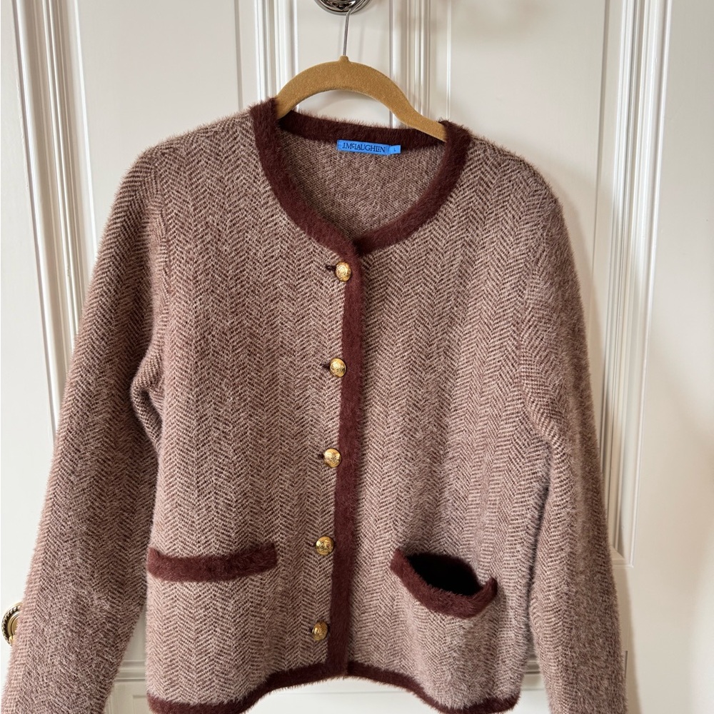 J. McLaughlin Taupe Brown Herringbone Wool-Blend Cardigan with Dark Brown Trim